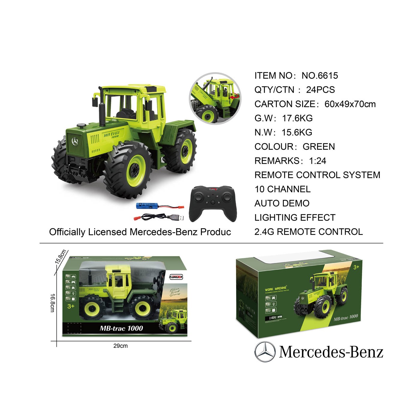 Traktor zelený 1:24 s diaľkovým ovládaním Mercedes Benz