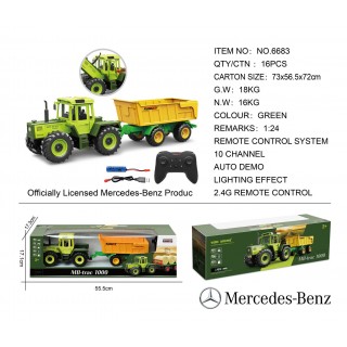 Zelený traktor 1:24 s diaľkovým ovládaním Mercedes Benz + žltý príves