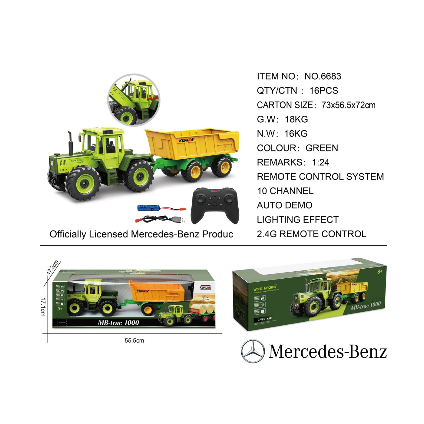 Zelený traktor 1:24 s diaľkovým ovládaním Mercedes Benz + žltý príves