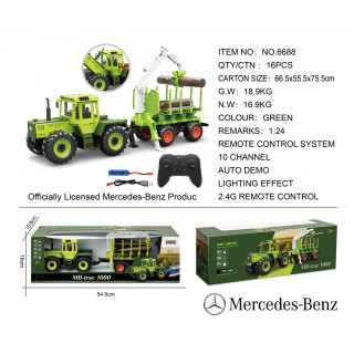 Zelený traktor 1:24 s diaľkovým ovládaním Mercedes Benz + drevený príves so žeriavom