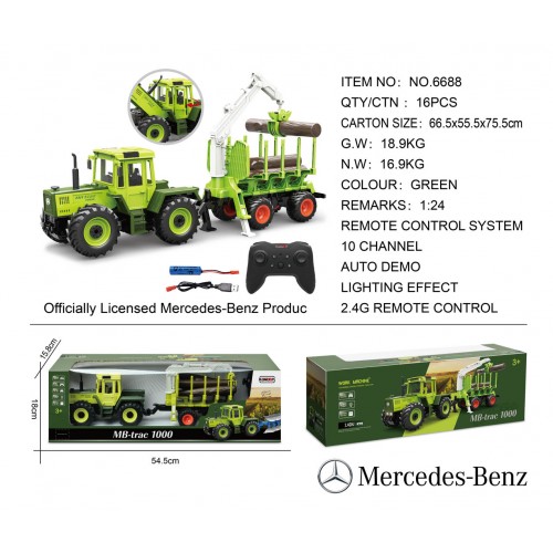 Zelený traktor 1:24 s diaľkovým ovládaním Mercedes Benz + drevený príves so žeriavom