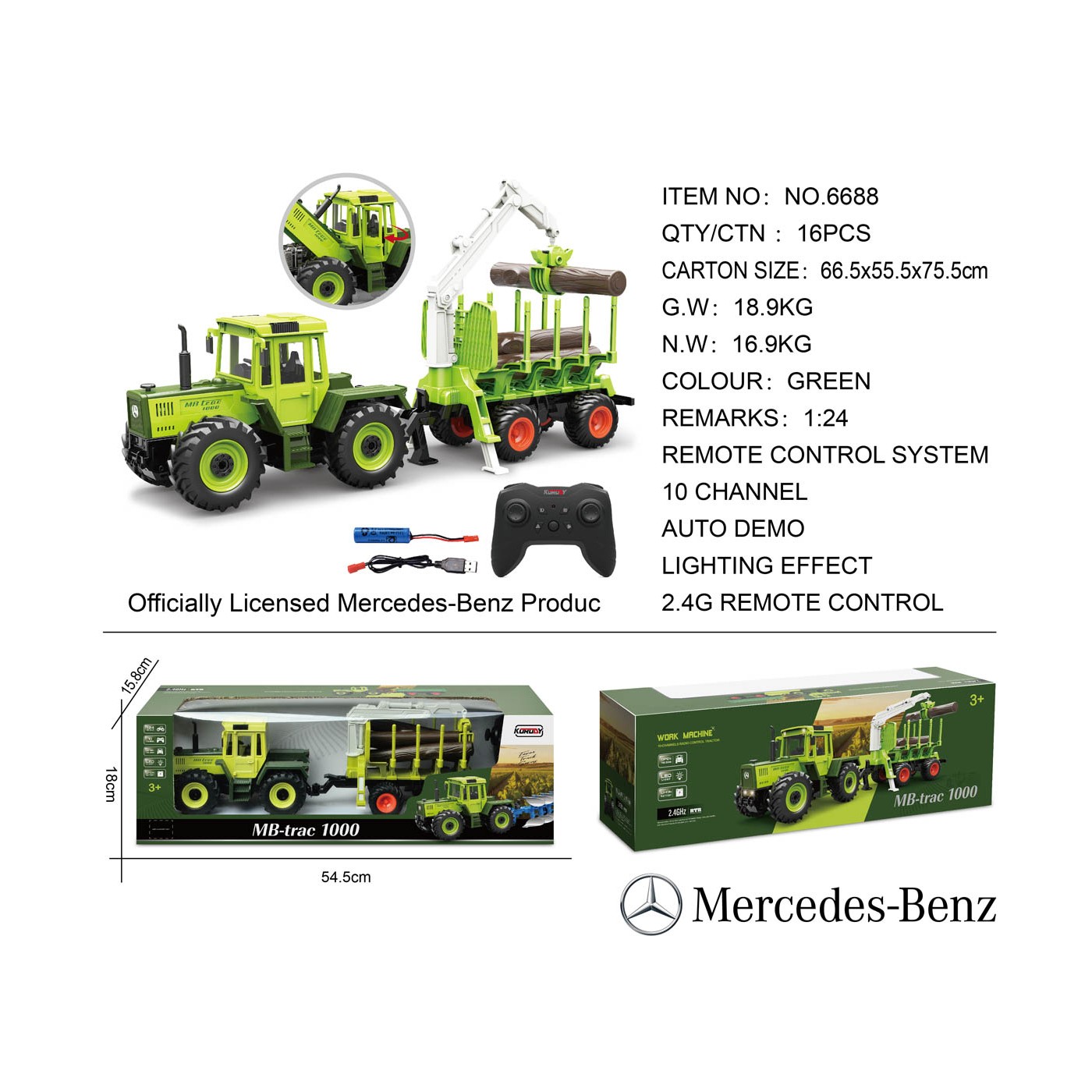 Zelený traktor 1:24 s diaľkovým ovládaním Mercedes Benz + drevený príves so žeriavom