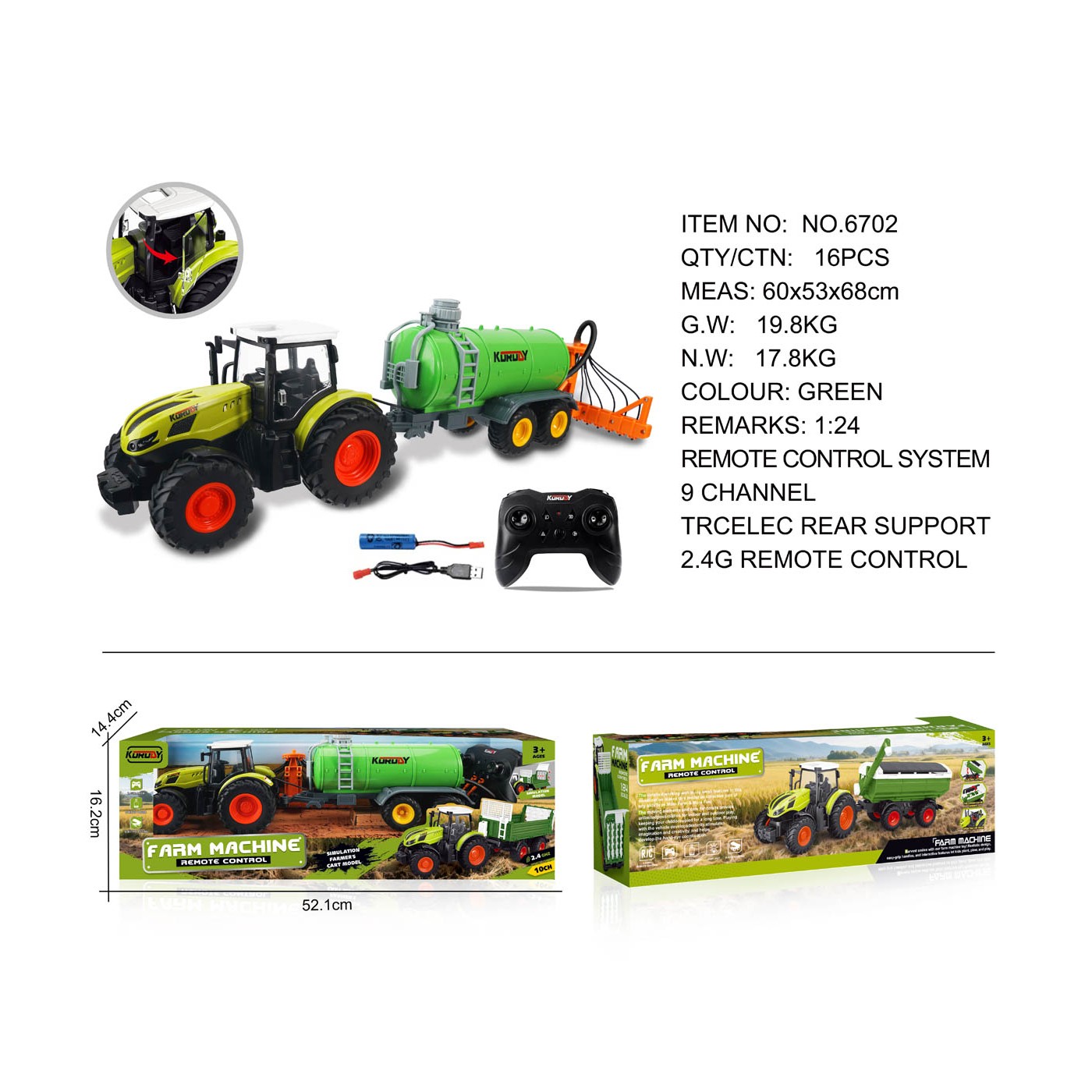 Zelený sudový traktor R/C 1:24