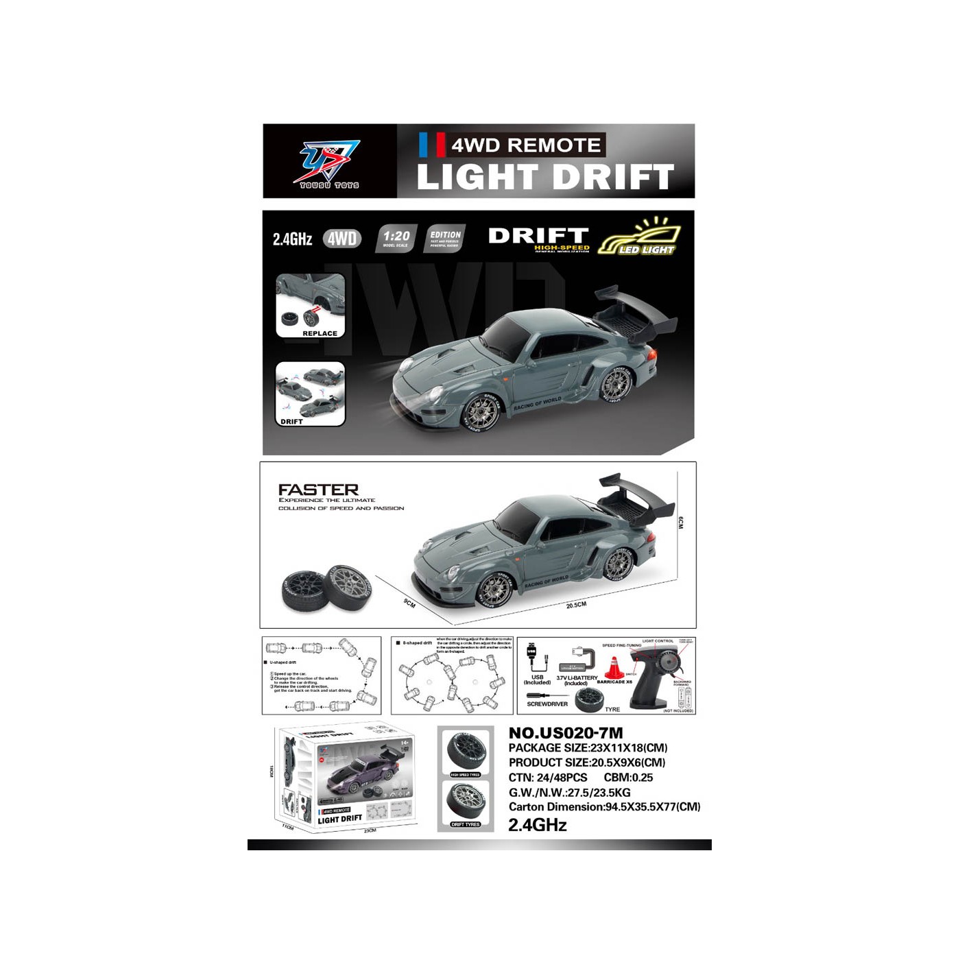 R/C Drift Car 1:20 so svetlami Funkcia zelená