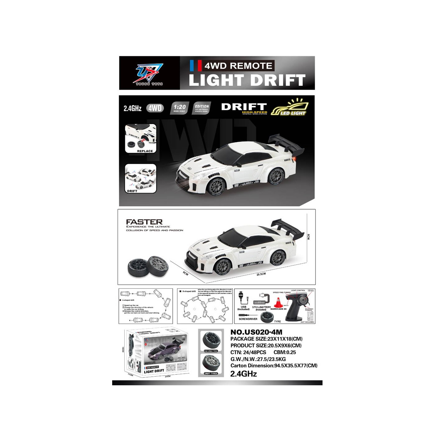 R/C Drift Car 1:20 so svetlami Funkcia biela