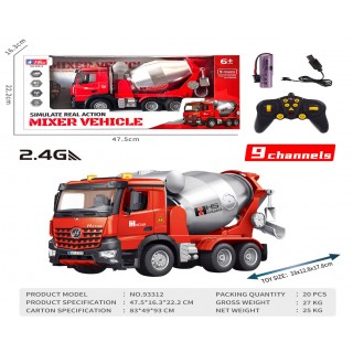 Červená R/C miešačka na betón so svetelnou a zvukovou funkciou