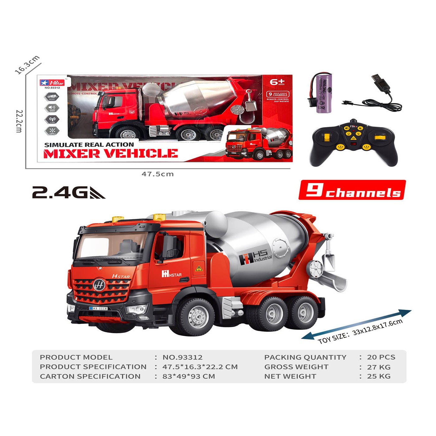 Červená R/C miešačka na betón so svetelnou a zvukovou funkciou