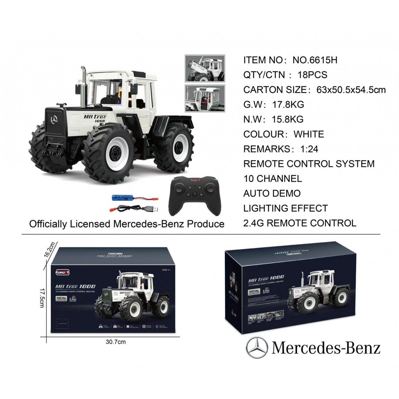 Traktor biely 1:24 s diaľkovým ovládaním Mercedes Benz