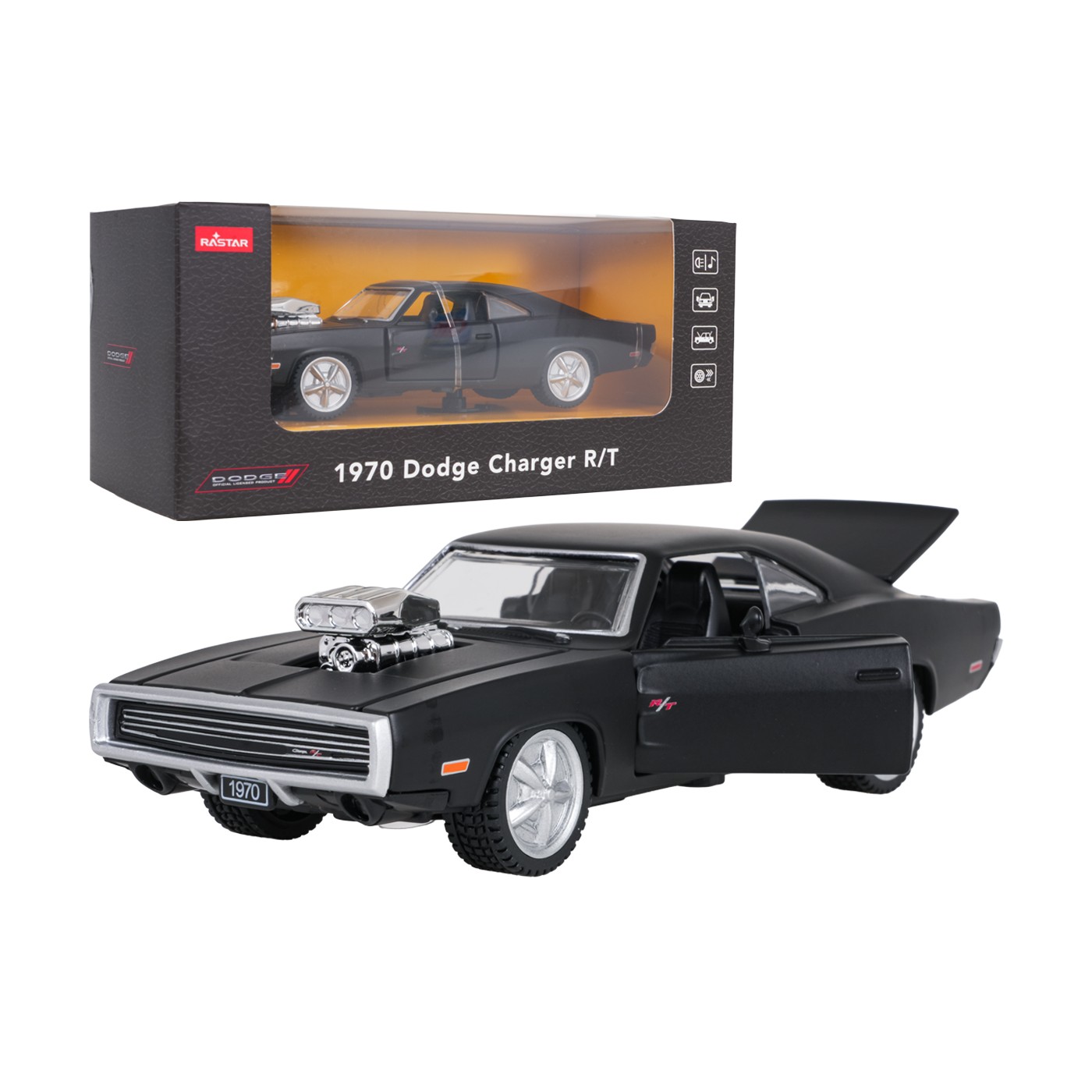 Kovové auto 1:36 1970 Dodge Charger R/T čierne RASTAR