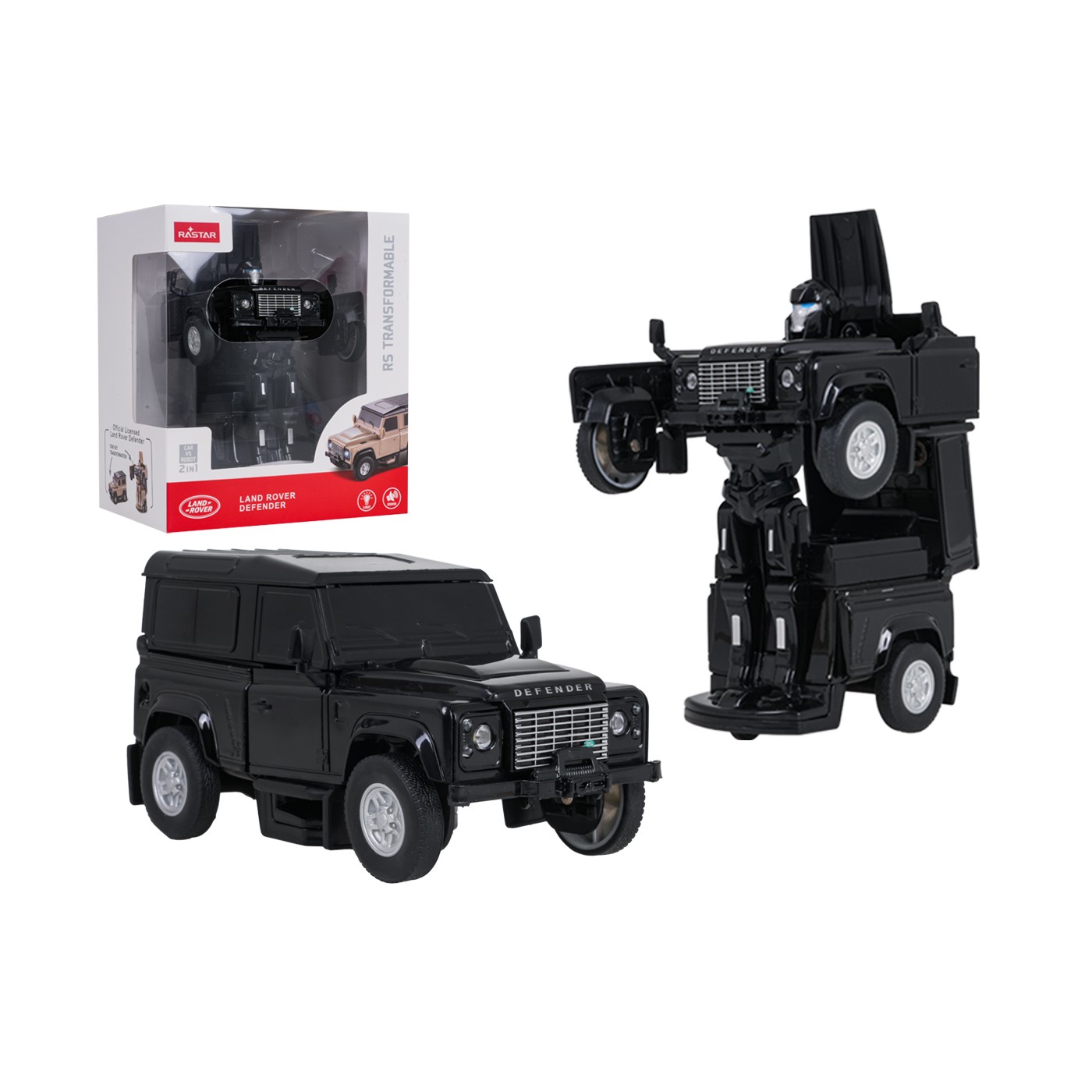Kovové auto/robot 2v1 1:32 Land Rover Defender čierny RASTAR
