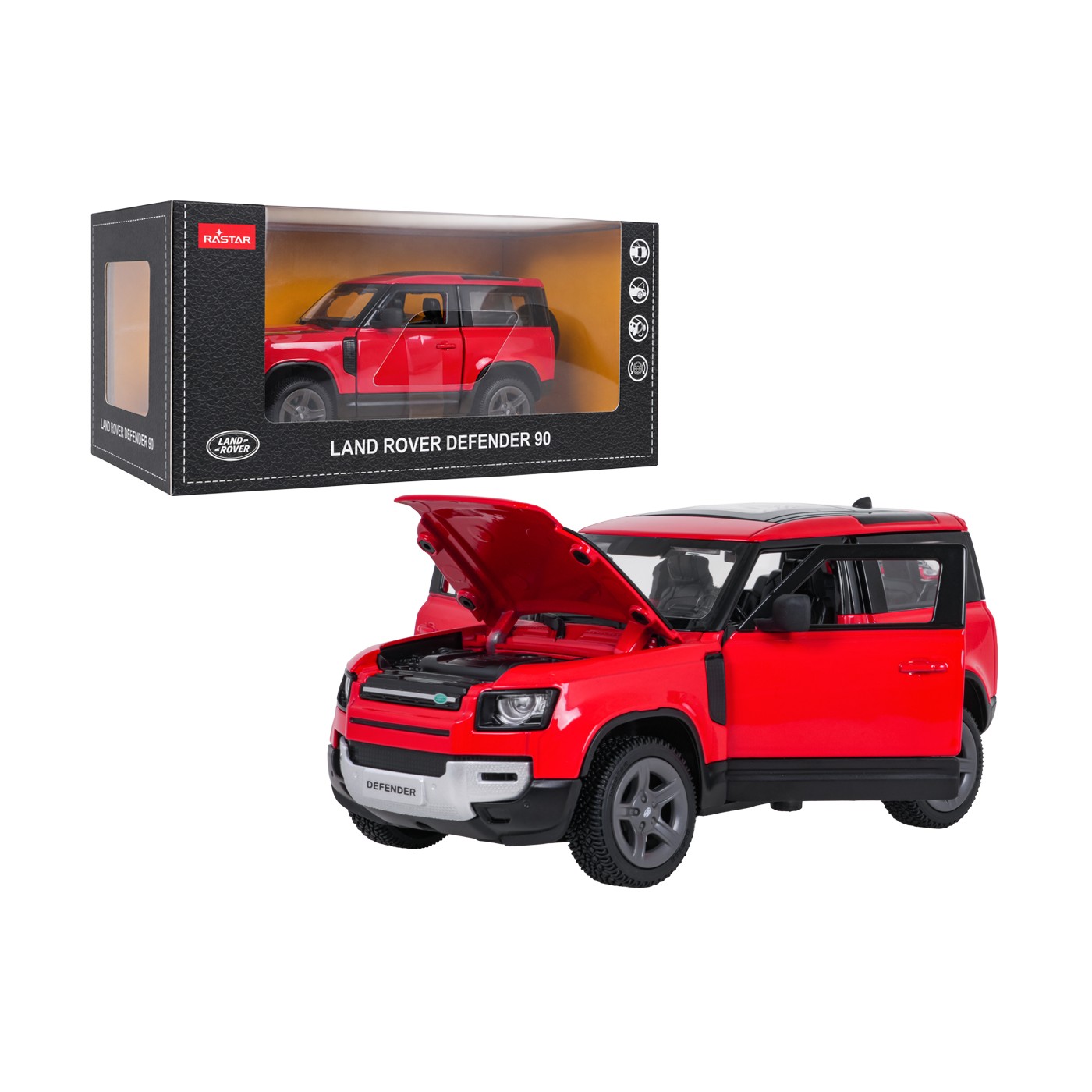 Kovové auto 1:24 Land Rover Defender 90 Červené RASTAR