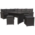 Sada záhradného nábytku 4v1 Technorattan Hnedý + Roh + Stôl + 2 Pufy + 15 Vankúšov