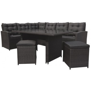 Sada záhradného nábytku 4v1 Technorattan Hnedý + Roh + Stôl + 2 Pufy + 15 Vankúšov