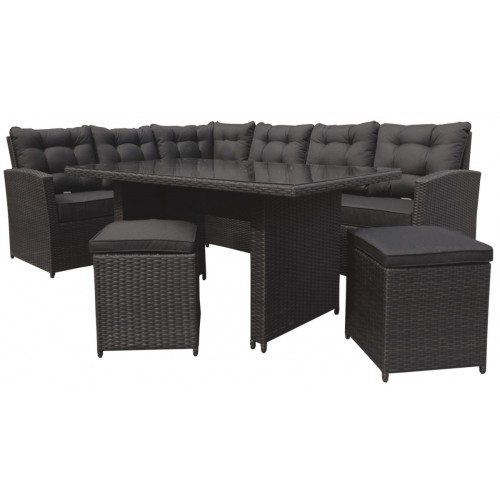 Sada záhradného nábytku 4v1 Technorattan Hnedý + Roh + Stôl + 2 Pufy + 15 Vankúšov