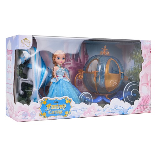 Modrý koč s bielym koňom + bábika malej princeznej