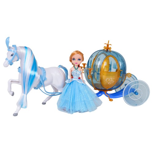 Modrý koč s bielym koňom + bábika malej princeznej