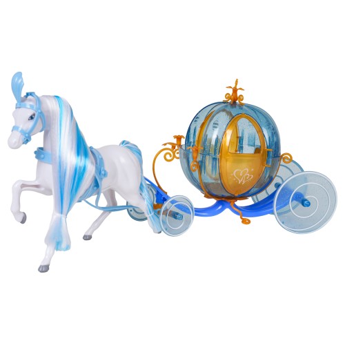 Modrý koč s bielym koňom + bábika malej princeznej