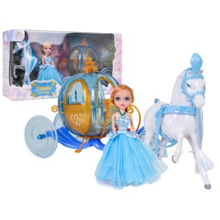 Modrý koč s bielym koňom + bábika malej princeznej