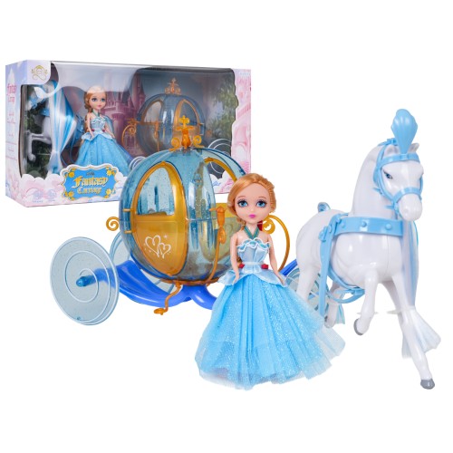 Modrý koč s bielym koňom + bábika malej princeznej