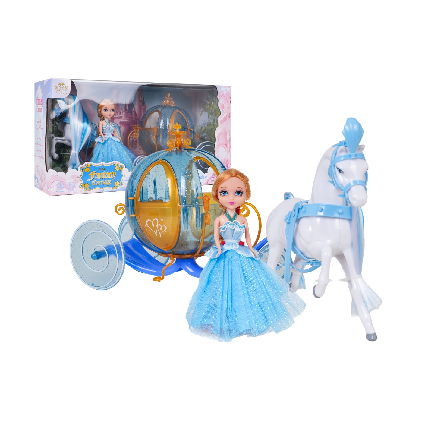 Modrý koč s bielym koňom + bábika malej princeznej