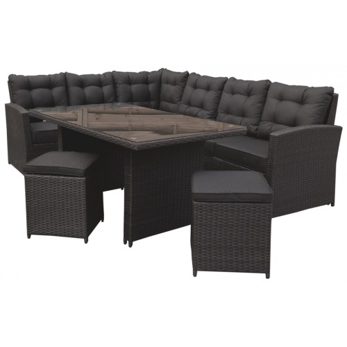 Sada záhradného nábytku 4v1 Technorattan Hnedý + Roh + Stôl + 2 Pufy + 15 Vankúšov