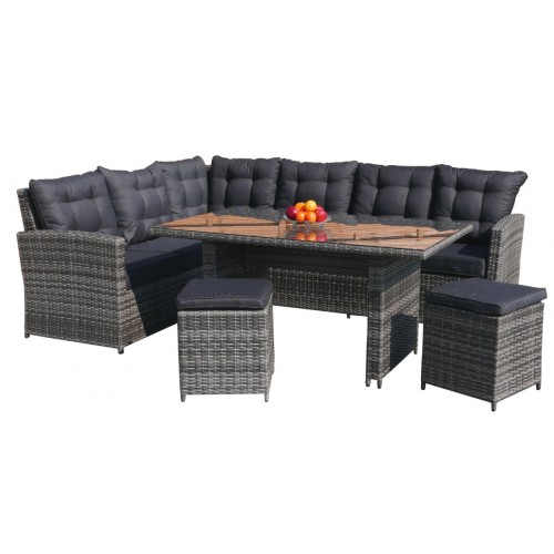 Sada záhradného nábytku 4v1 Technorattan Sivý + Roh + Stôl + 2 Pufy + 15 Vankúšov