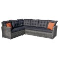Sada záhradného nábytku 4v1 Technorattan Sivý + Roh + Stôl + 2 Pufy + 15 Vankúšov
