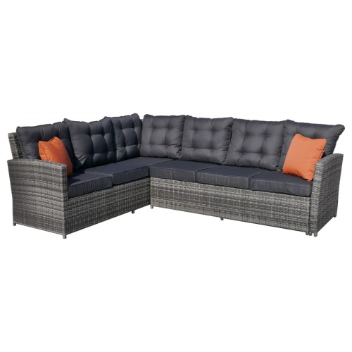Sada záhradného nábytku 4v1 Technorattan Sivý + Roh + Stôl + 2 Pufy + 15 Vankúšov