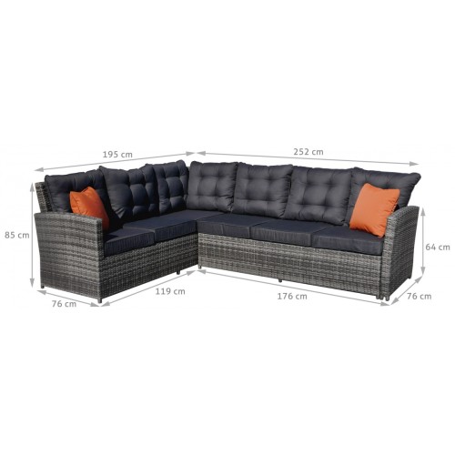 Sada záhradného nábytku 4v1 Technorattan Sivý + Roh + Stôl + 2 Pufy + 15 Vankúšov