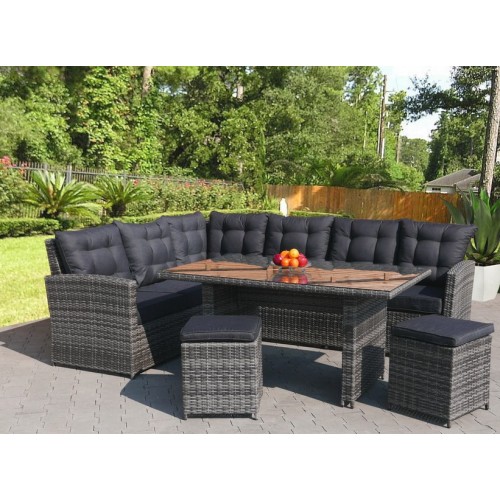 Sada záhradného nábytku 4v1 Technorattan Sivý + Roh + Stôl + 2 Pufy + 15 Vankúšov