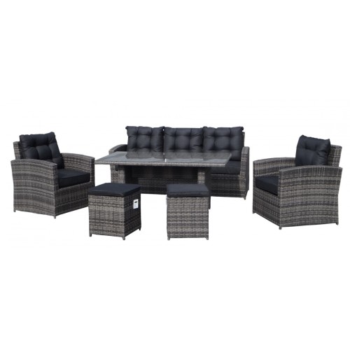 Sada záhradného nábytku 6v1 Technorattan Sivý + Gauč + Vysoký stôl + 2 Kreslá + 2 Pufy + 12 Vankúšov