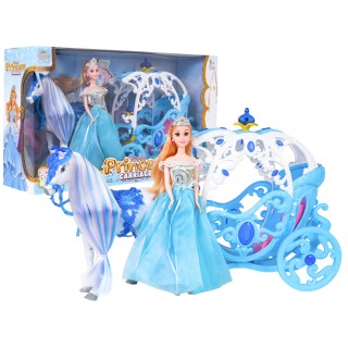 Modrý koč s bielym koňom + bábika princezná
