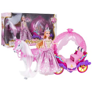 Ružový koč s bielym koňom + bábika princezná