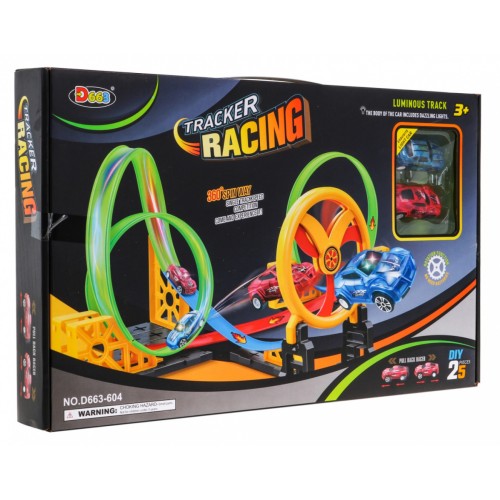 Závodná dráha pre deti 3+ Pohyblivý kruh + 2 Autíčka LED + 3 Služky 360 pre autíčka