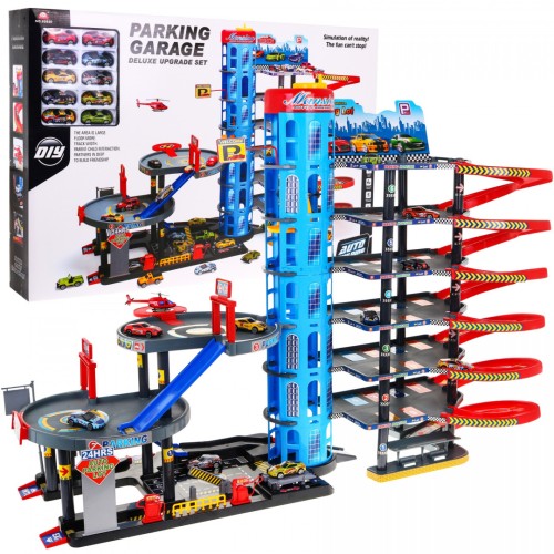 7-poschodové parkovisko pre deti 3+ Helikoptéra + 10 Autíčok + Výťah + Klzavky