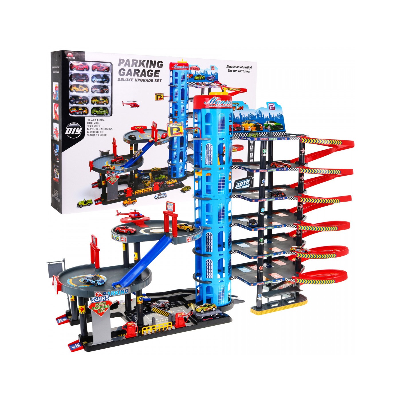7-poschodové parkovisko pre deti 3+ Helikoptéra + 10 Autíčok + Výťah + Klzavky