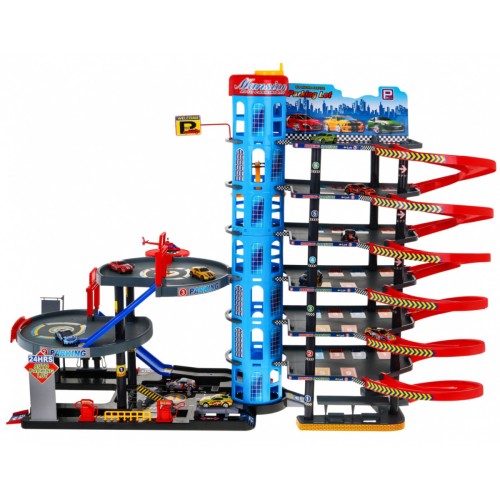 7-poschodové parkovisko pre deti 3+ Helikoptéra + 10 Autíčok + Výťah + Klzavky