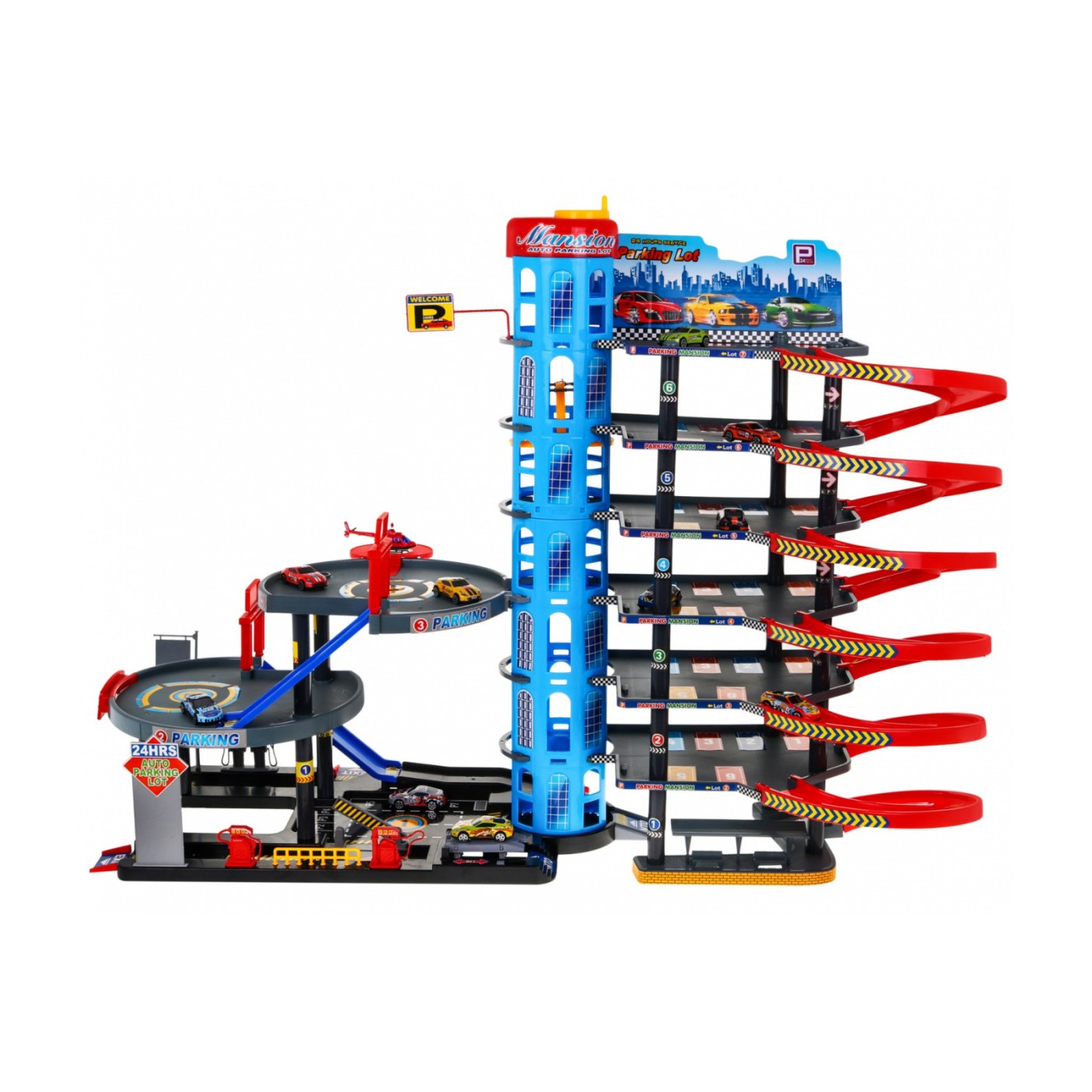 7-poschodové parkovisko pre deti 3+ Helikoptéra + 10 Autíčok + Výťah + Klzavky