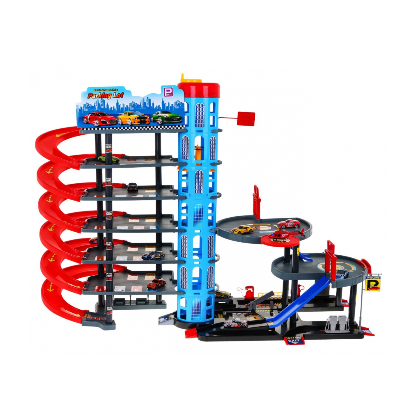 7-poschodové parkovisko pre deti 3+ Helikoptéra + 10 Autíčok + Výťah + Klzavky