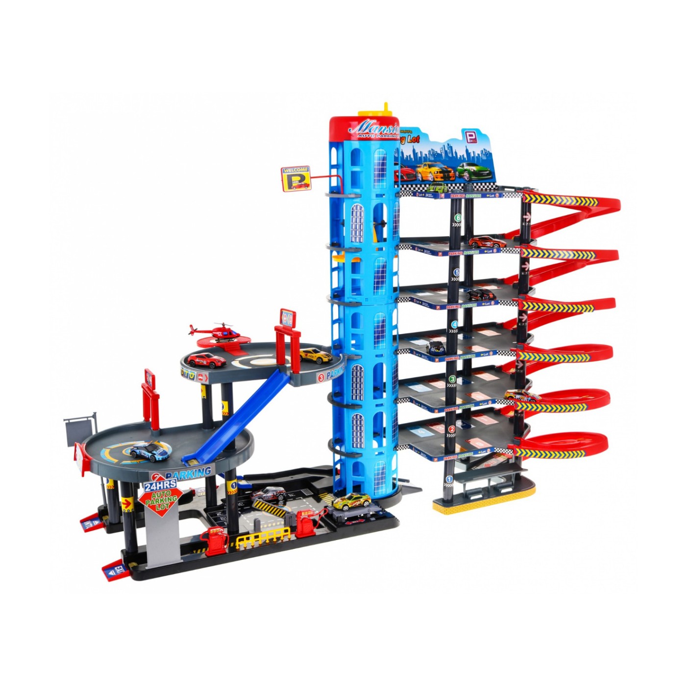 7-poschodové parkovisko pre deti 3+ Helikoptéra + 10 Autíčok + Výťah + Klzavky