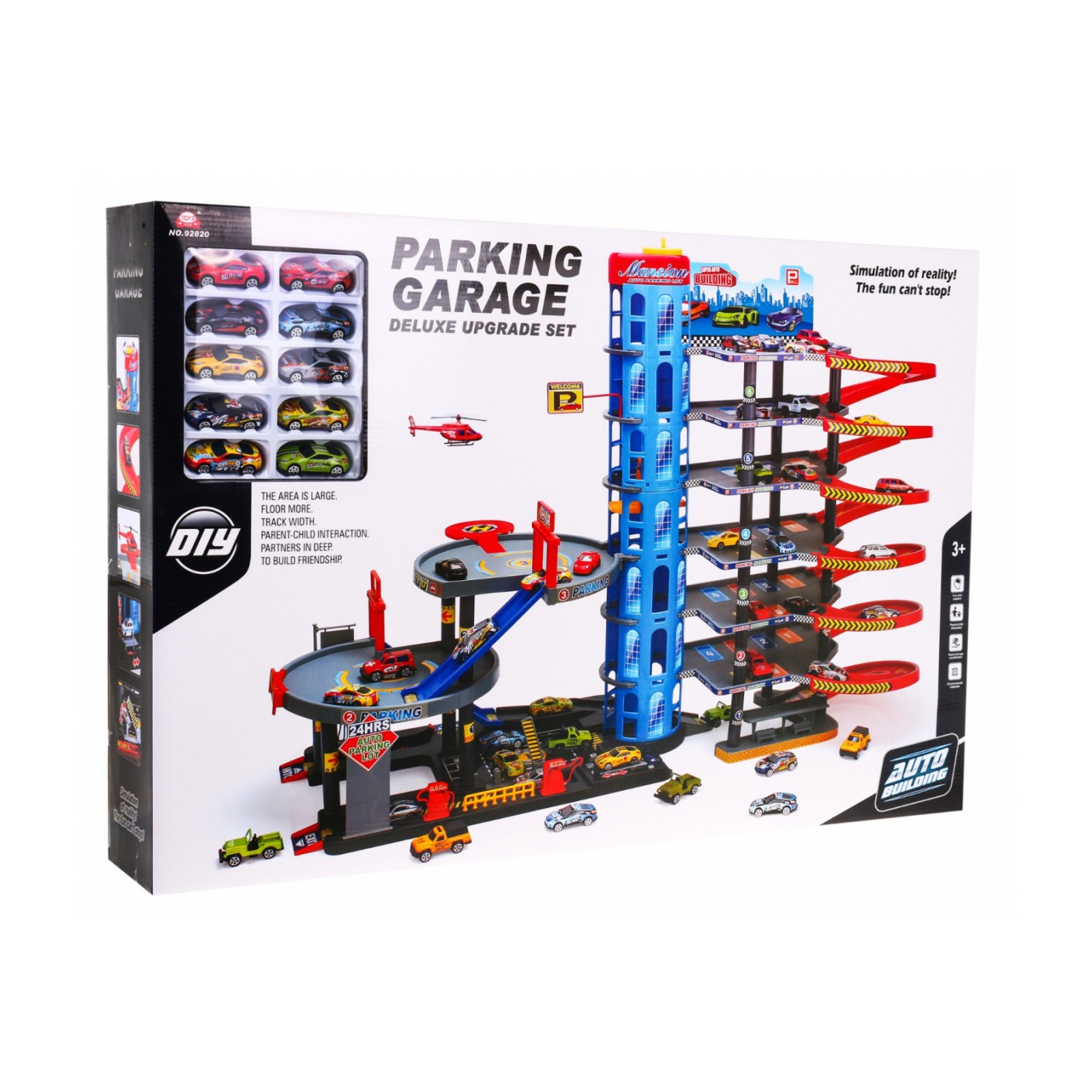 7-poschodové parkovisko pre deti 3+ Helikoptéra + 10 Autíčok + Výťah + Klzavky