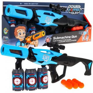 Veľká pištoľ pre deti 6+ Ručný výstrelový mechanizmus + 12 Pienkových guličiek + 3 atrapy plechoviek
