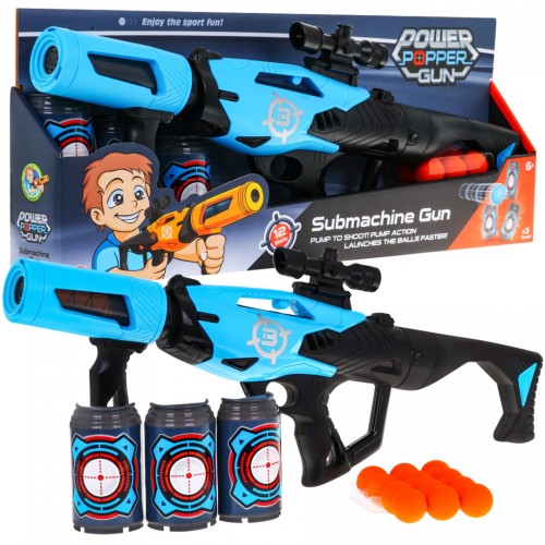 Veľká pištoľ pre deti 6+ Ručný výstrelový mechanizmus + 12 Pienkových guličiek + 3 atrapy plechoviek