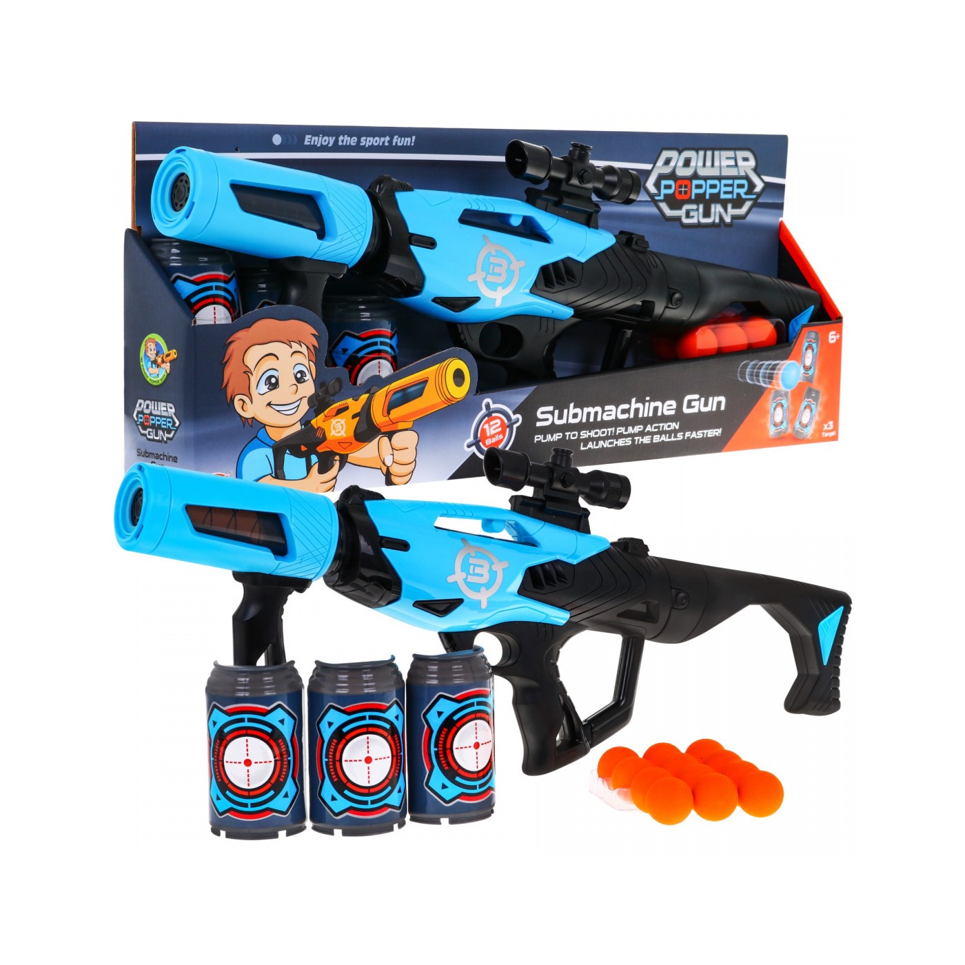 Veľká pištoľ pre deti 6+ Ručný výstrelový mechanizmus + 12 Pienkových guličiek + 3 atrapy plechoviek