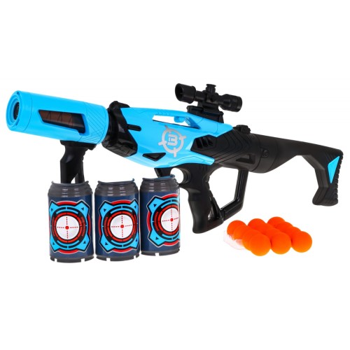 Veľká pištoľ pre deti 6+ Ručný výstrelový mechanizmus + 12 Pienkových guličiek + 3 atrapy plechoviek