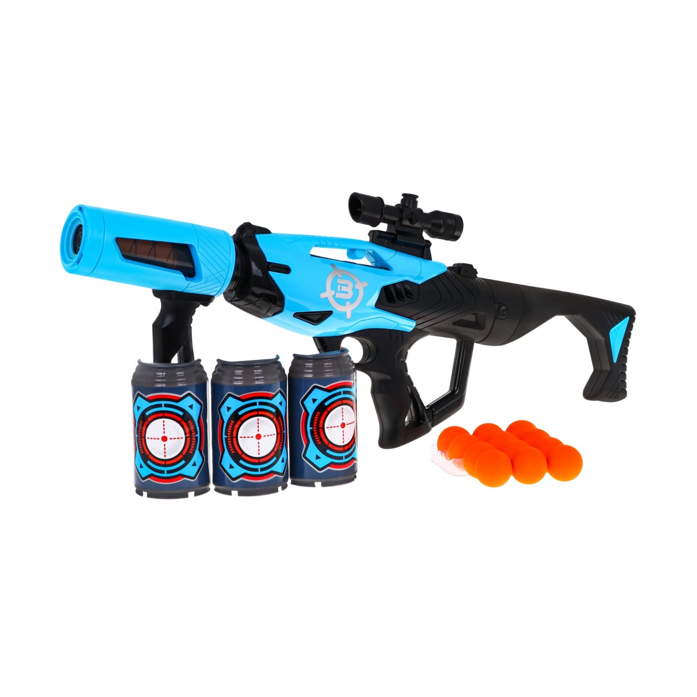 Veľká pištoľ pre deti 6+ Ručný výstrelový mechanizmus + 12 Pienkových guličiek + 3 atrapy plechoviek