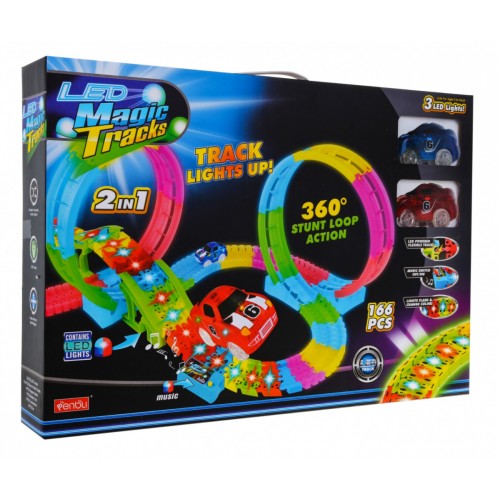 Svietiaci v tme závodný okruh pre deti 3+ Slučky 360 + Výšky 166 ks. + 2 autíčka LED