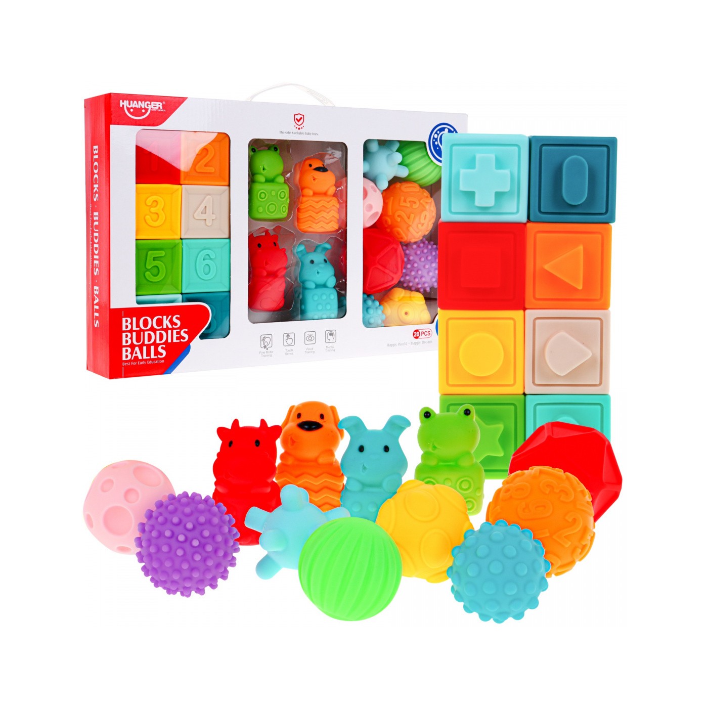 Mega sada 20 mäkkých guličiek kocky zvieratá pre deti 6m+ Senzorická hračka Rehabilitácia rúk